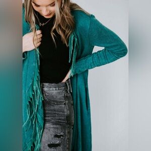 Teal fringe cardigan